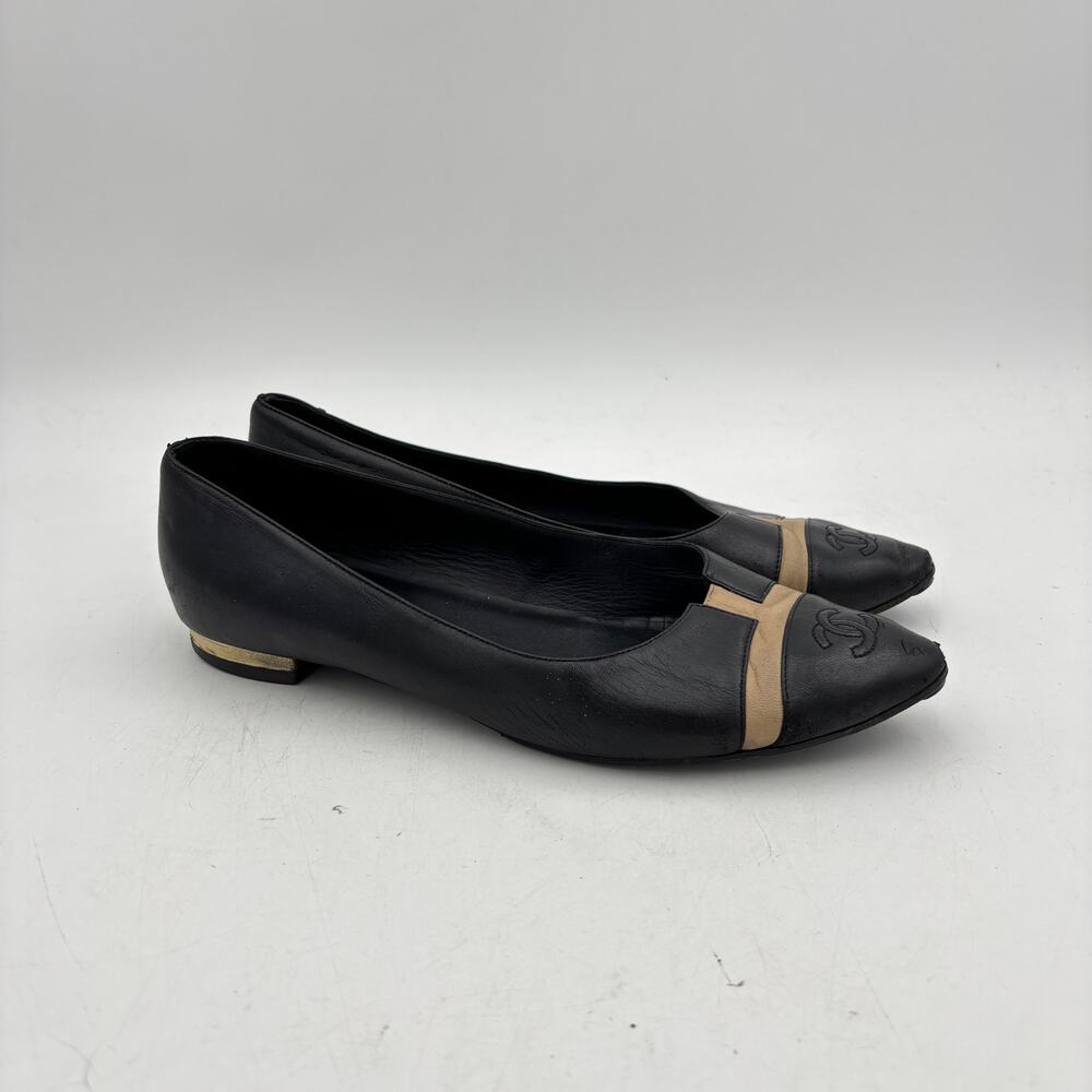 Chanel Point Toe CC Black Leather Ballet Flats Women's 41 US 10.5